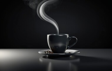 steaming coffee cup on dark surface with beans, concept of cafe, restaurant, beverage, banner