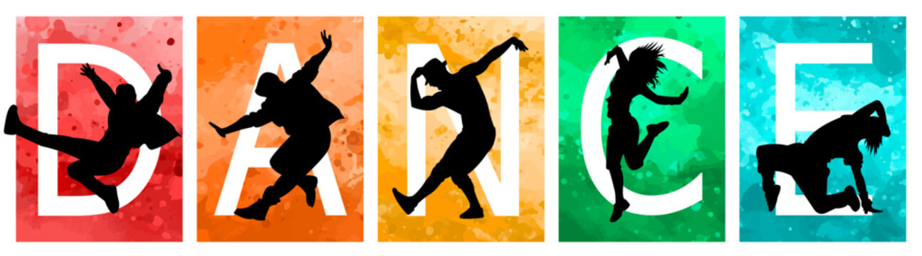 Dancing vector illustration. Silhouettes of dancing people on a watercolor background.