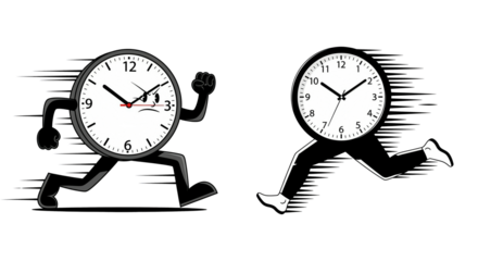 Two black running clock characters with legs for time management and deadline concept on transparent background