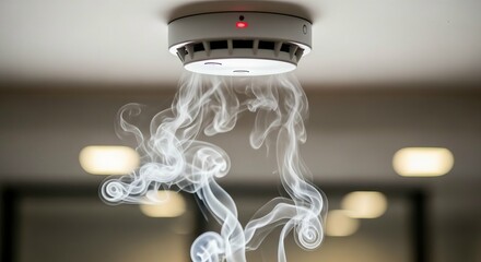 White smoke triggering a modern smoke detector with red alarm light on a ceiling