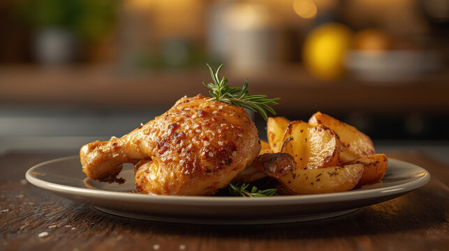 Coscia di pollo arrosto con patate al forno su piatto. Generative AI