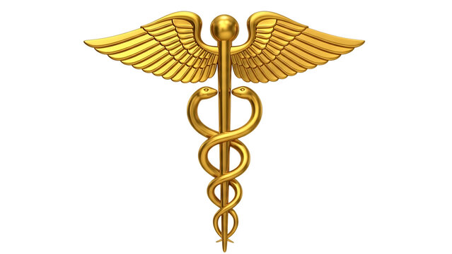 Golden Rod of Asclepius with Wings Symbol isolated on a transparent background