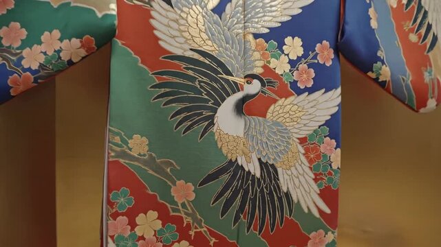 Detailed close up of a hand painted silk kimono showcasing the art