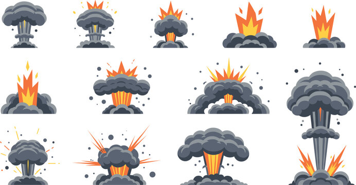 Cartoon mushroom cloud explosion vector set with fire blasts and thick smoke for action design