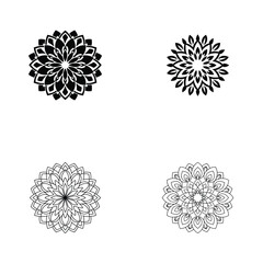 Set of four black and white floral mandala vector ornaments for coloring book and tattoo design.
