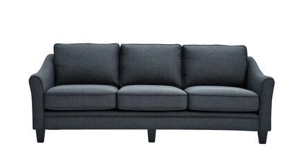 Modern dark gray sofa with clean straight lines, low backrest, three seat cushions, simple slim legs, and subtle fabric texture shading isolated on transparent background.