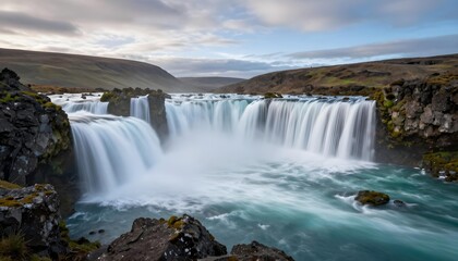 Fototapeta premium Majestic Icelandic waterfall with smooth water flow and dramatic rocky surroundings