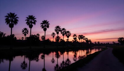 Serene palm tree silhouettes reflected in calm water during a vibrant purple and pink sunset