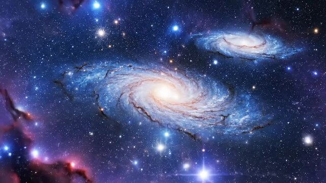 Space scene of nebulae with swirling galaxies and clusters of brilliant stars in shades of blue, purple, and white