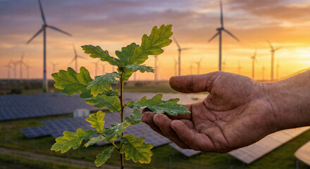 Hand holding small green seedling with wind turbines and solar panels in background, sustainable energy and environment conservation concept, Generative AI