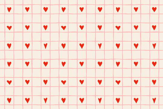 Cute pink check and red hearts vector seamless pattern, romantic plaid background for Valentine's Day designs