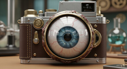 Steampunk camera features a detailed human eyeball replacing the lens in a workshop setting.
