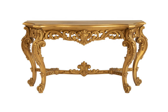 Ornate gold console table furniture isolated on a transparent background