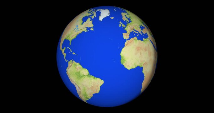 View from Space to a Rotating Earth Globe. No clouds at all. Terrain derived from a digital elevation model.