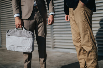 Obraz premium Two young colleagues in business attire meet outdoors, a gray briefcase signals work and readiness.