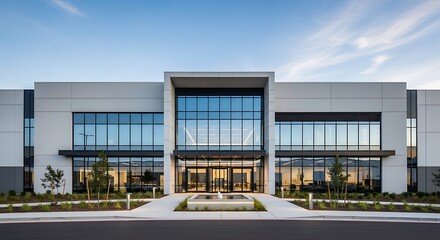 Obraz premium Modern office building entrance with large glass facade and landscaping