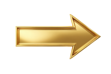 Gold right pointing arrow icon with a long shaft, sharp triangular tip, glossy metallic finish, and crisp clean edges isolated on transparent background.
