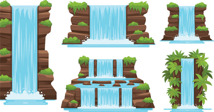 Cartoon waterfall vector set with rocky cliffs, moss and lush greenery for nature landscape design