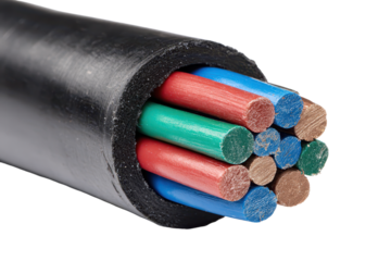Cut end of an electrical cable with black outer insulation and multiple exposed internal wires in red green blue and copper with a clean sharp cut edge isolated on transparent background.