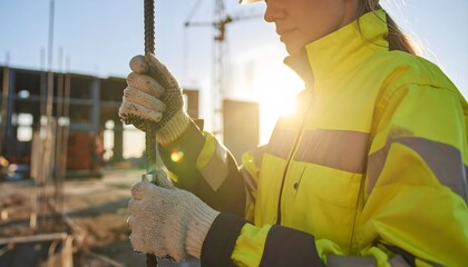 Close framed photograph of a female construction worker in a yellow safety jacket handling steel rebar at a sunny building site outdoors