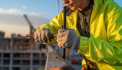 Professional civil engineer wearing high visibility clothing and protective gloves working with metal reinforcement rods during a bright golden hour sunrise shift