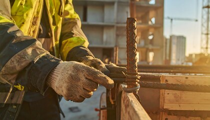 Skilled industrial laborer assembling steel structures on a construction project with a crane and building skeleton visible in the soft blurred background