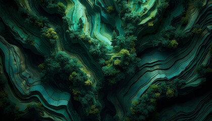 Stylized Aerial View of Deep Emerald Forest Contours and Layered Terrain