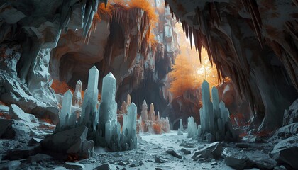 Crystal cave landscape with towering formations and glowing orange light