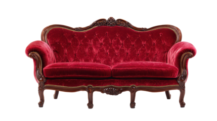 Ornate red velvet sofa with carved frame details, plush cushions, curved backrest, and decorative trim with subtle fabric sheen isolated on transparent background.