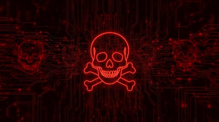 Red Neon Skull and Crossbones on Digital Circuit Board Background - Cybersecurity Concept.
