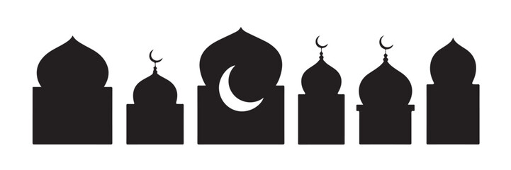 Group of black silhouette mosque domes and minarets with crescent moon symbols for islamic architecture and religion