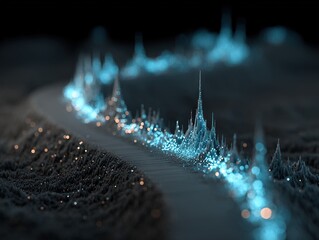 Abstract glowing data stream flowing through textured surface, futuristic visualization of information pathways, analytics, and digital intelligence