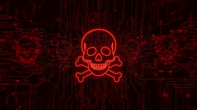 Red Neon Skull and Crossbones on Digital Circuit Board Background - Cybersecurity Concept. - Powered by Adobe