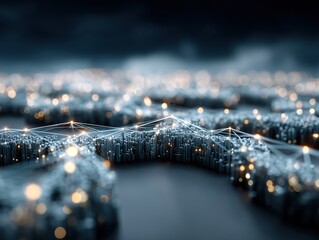 Abstract glowing city grid with connected light nodes forming digital network landscape, futuristic data flow visualization symbolizing smart infrastructure