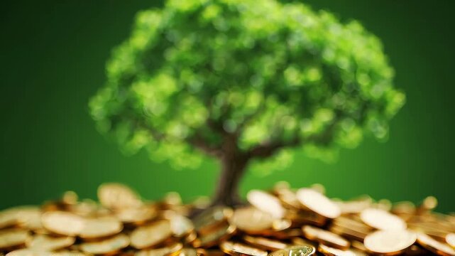 Tree growing from pile of golden coins on green background