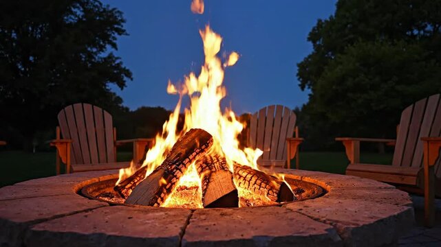 A crackling bonfire burns in a stone pit, flanked by wooden chairs under a deep twilight sky