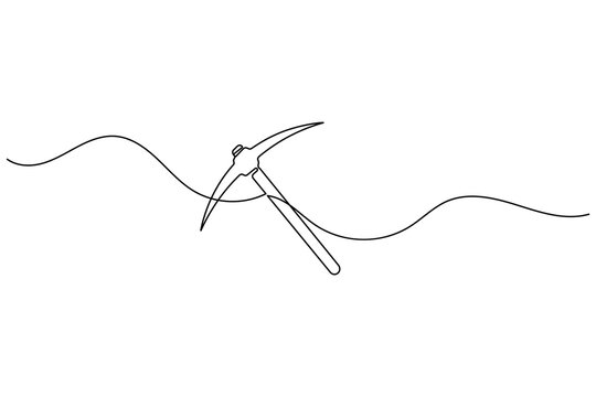 Minimalist single line drawing of a pickaxe on a wavy background.