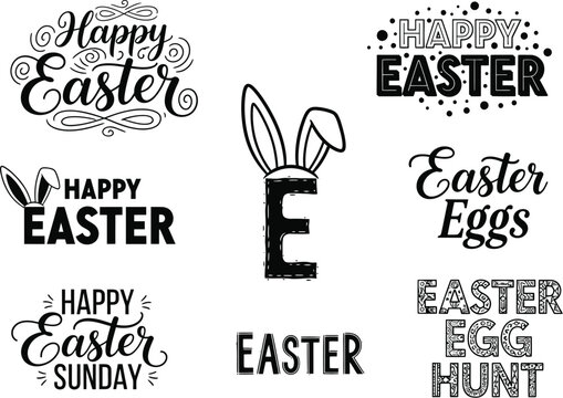 Set of decorative Happy Easter hand-lettered quotes and typography designs with bunny ears for holiday cards