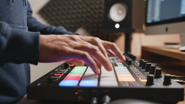 Hands playing a MIDI controller with illuminated pads in a music studio. Electronic music production and beat making. Digital instrument performance