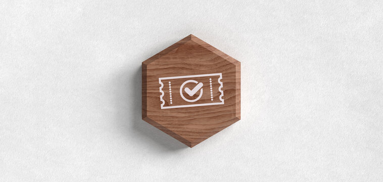 Entwertetes Ticket mit Haken auf Holz Hexagon Kachel wei&szlig;es Icon Header Eintrittskarte Veranstaltung Buchung Gutschein Validierung Erfolg Best&auml;tigung Event Konzert Freizeit Kino