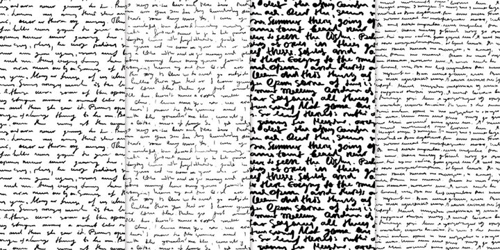Unreadable hand written vector text seamless pattern set, messy doodle cursive handwriting background