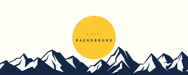 Mountain silhouette landscape vector illustration with navy blue terrain shapes and yellow sun circle, clean nature design for outdoor backgrounds.