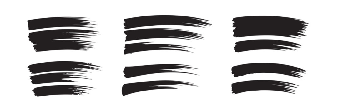 Set of six black ink brush strokes and swipes collection isolated on transparent background for grunge design elements and artistic decoration projects