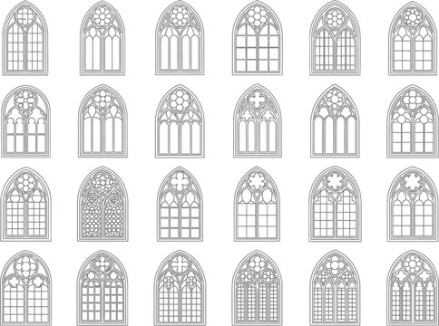 Collection of gothic window frames in various shapes and patterns as black line art icons