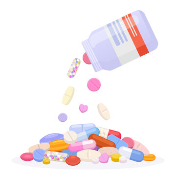 Flat pills and capsules spilling from medicine bottle, vector illustration of colorful tablets and drugs isolated on white background
