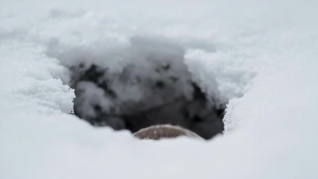 Curious groundhog peeking through snow-covered burrow on a winter day