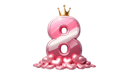 International women's day pink 8 number balloon with crown isolated on transparent background