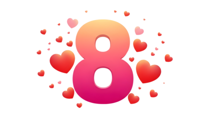 International women's day isolated on transparent background with pink hearts and number 8