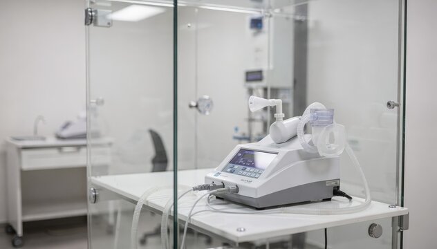Medium shot of a glass pulmonary function testing booth highlighting the spirometer device with an adult patient area softly blurred in the background.