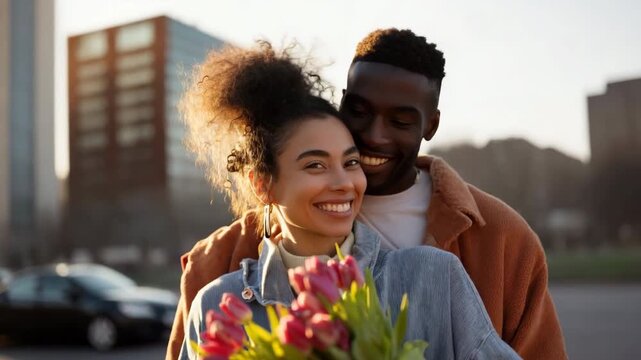 African male and hispanic female couple embracing with tulips on sunny urban street - Powered by Adobe